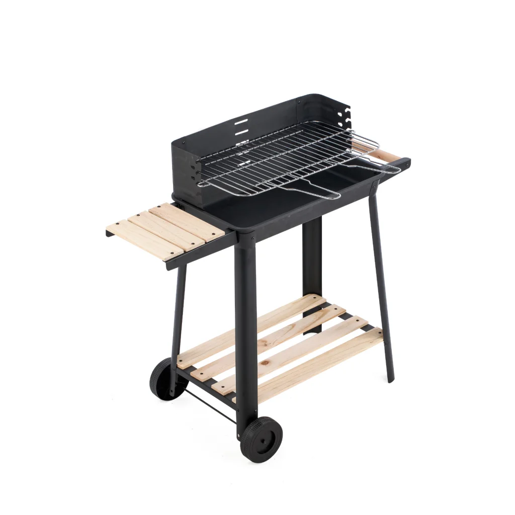 Charcoal Grill BBQ with Manual Rotisserie Stick on Trolley