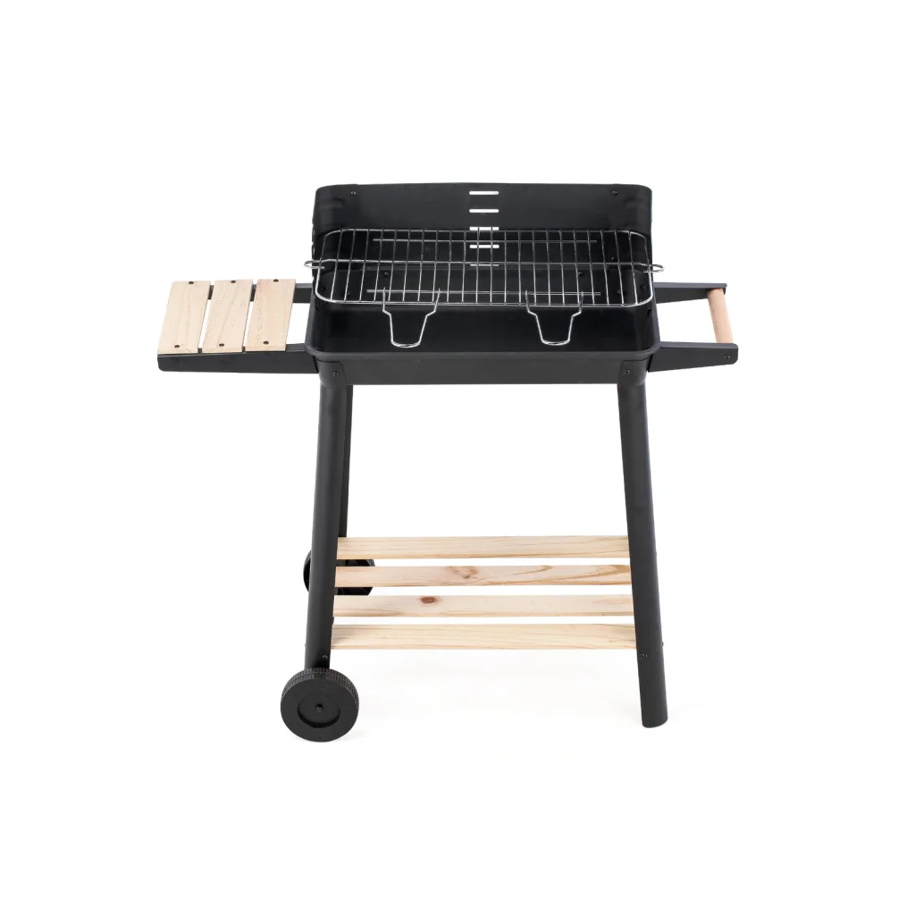 Charcoal Grill BBQ with Manual Rotisserie Stick on Trolley