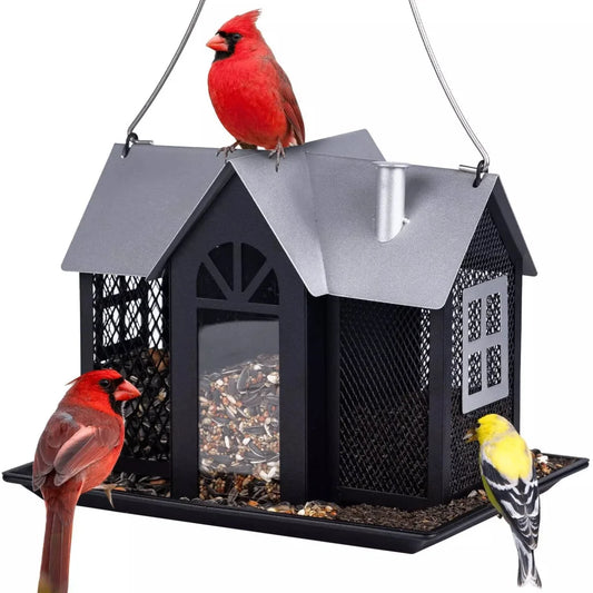 Charming House-Shaped Hanging Bird Feeder - Durable Metal