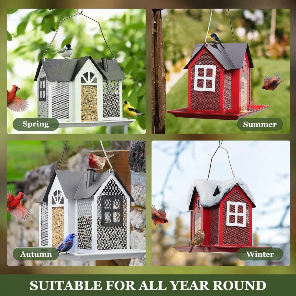 Charming House-Shaped Hanging Bird Feeder - Durable Metal
