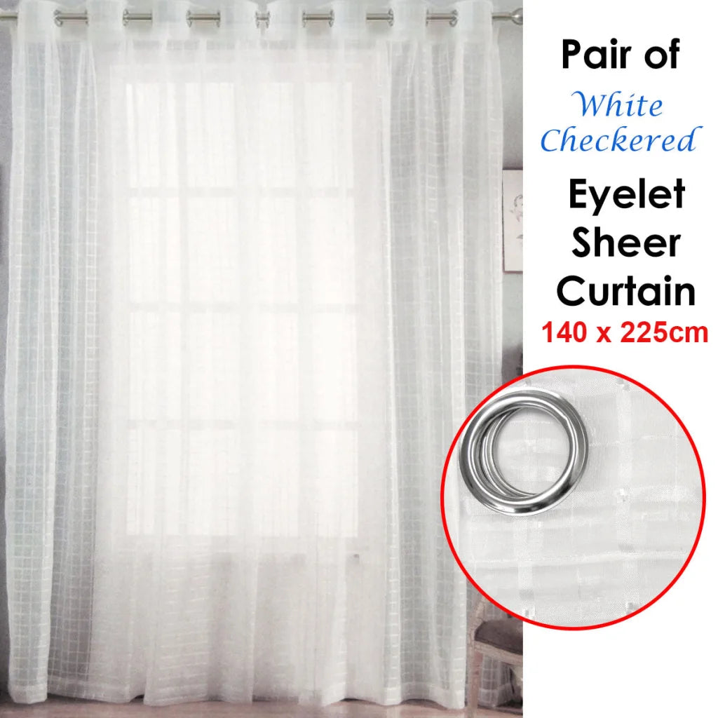 Checkered Eyelet Sheer Curtains Pair White 140 x 225cm