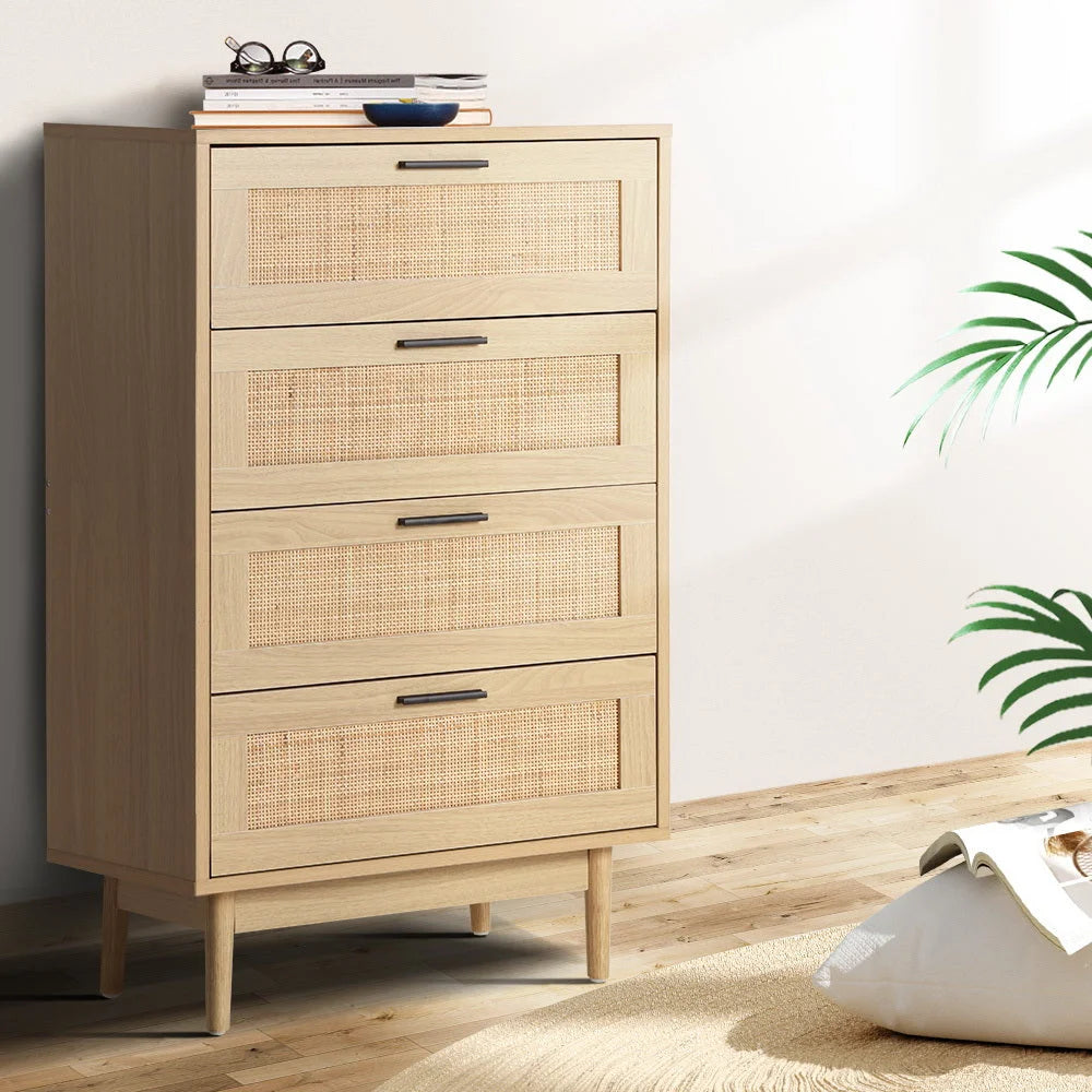 Chest of Drawers 4 Rattan Tallboy Cabinet Bedroom Clothes Storage