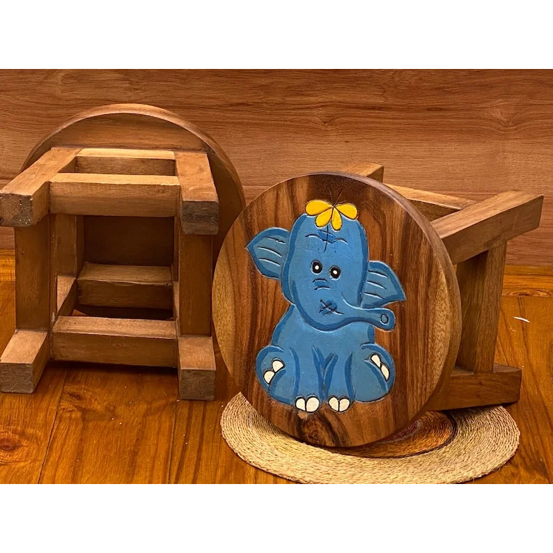Children’s Wooden Stool Chair - Blue Baby Elephant Theme