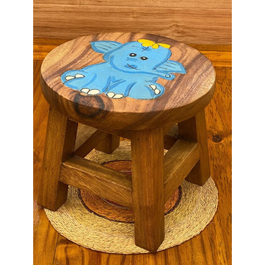 Children’s Wooden Stool Chair - Blue Baby Elephant Theme