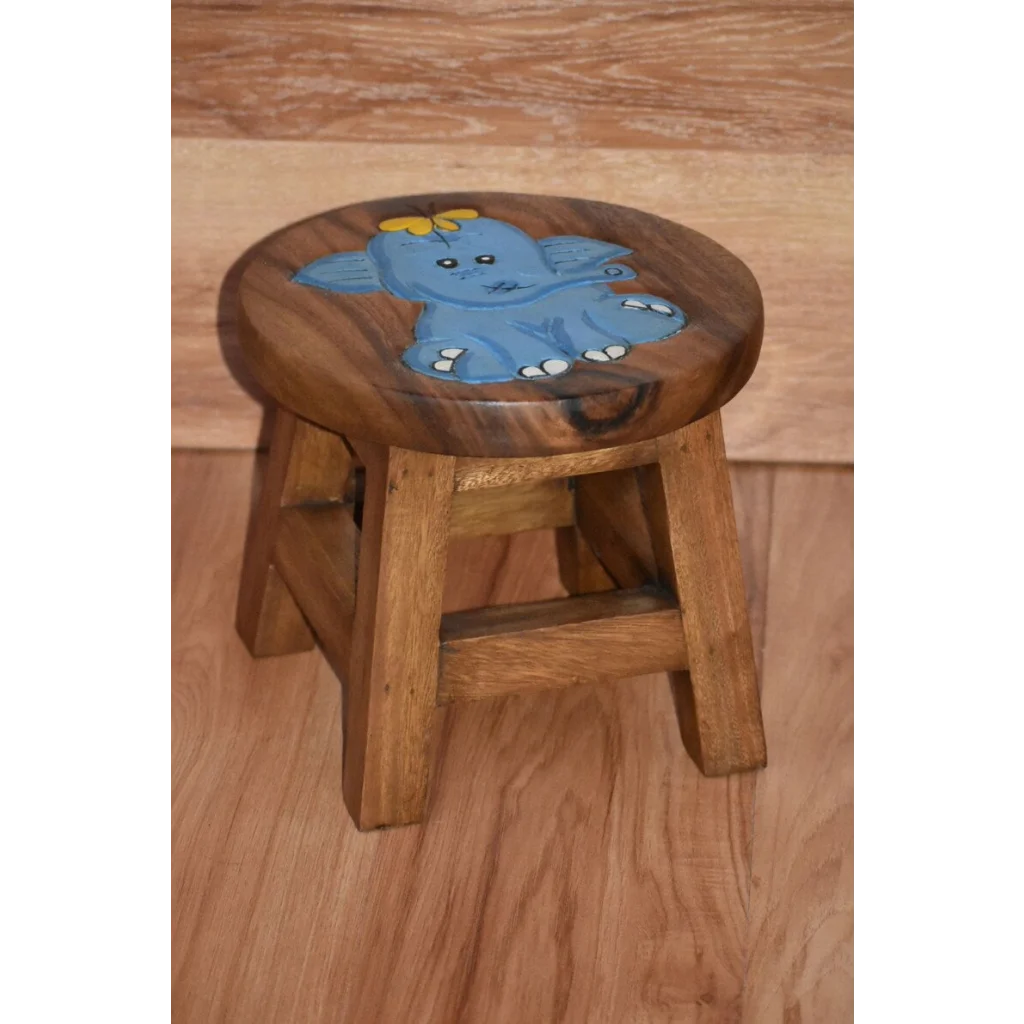 Children’s Wooden Stool Chair - Blue Baby Elephant Theme