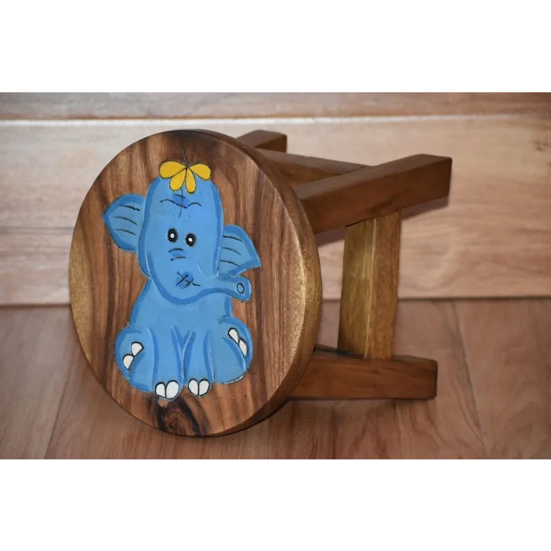 Children’s Wooden Stool Chair - Blue Baby Elephant Theme