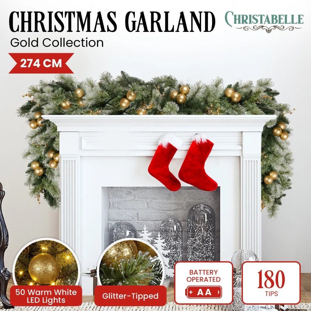 Christabelle 274cm Pre-lit Christmas Garland Gold Baubles