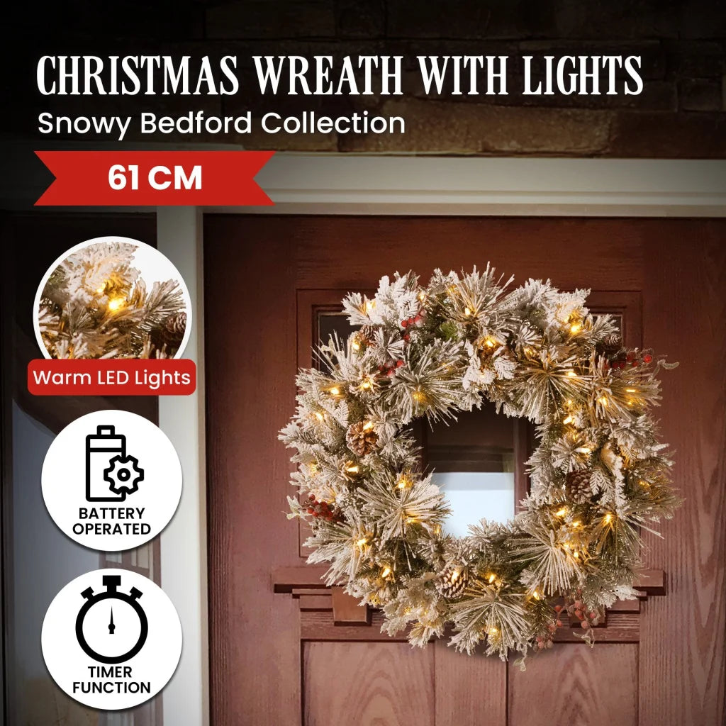 Christabelle 61cm Snowy Christmas Wreath Bedford with LED