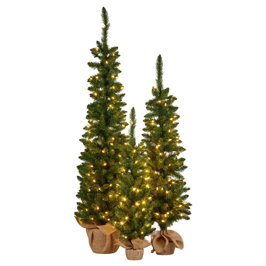 Christabelle Set of 3 Pre-Lit Christmas Trees Green Pine