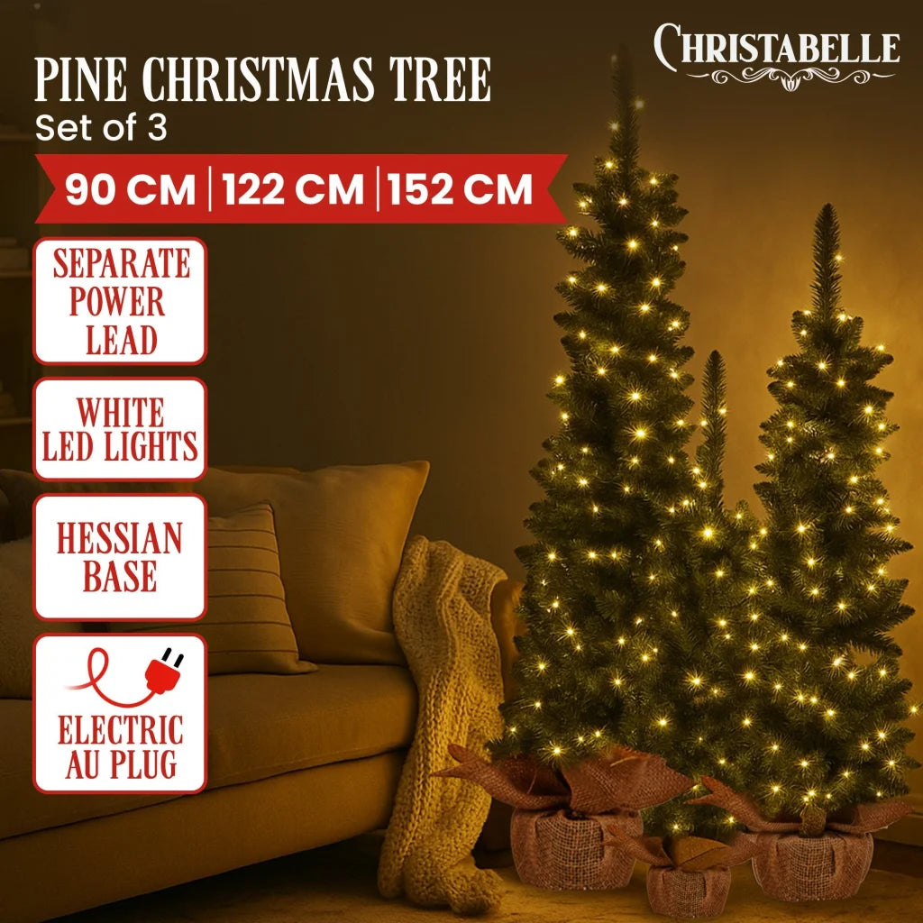 Christabelle Set of 3 Pre-Lit Christmas Trees Green Pine