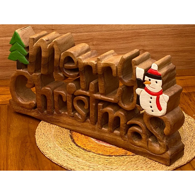 Christmas Decoration Wooden Carved Merry Christmas