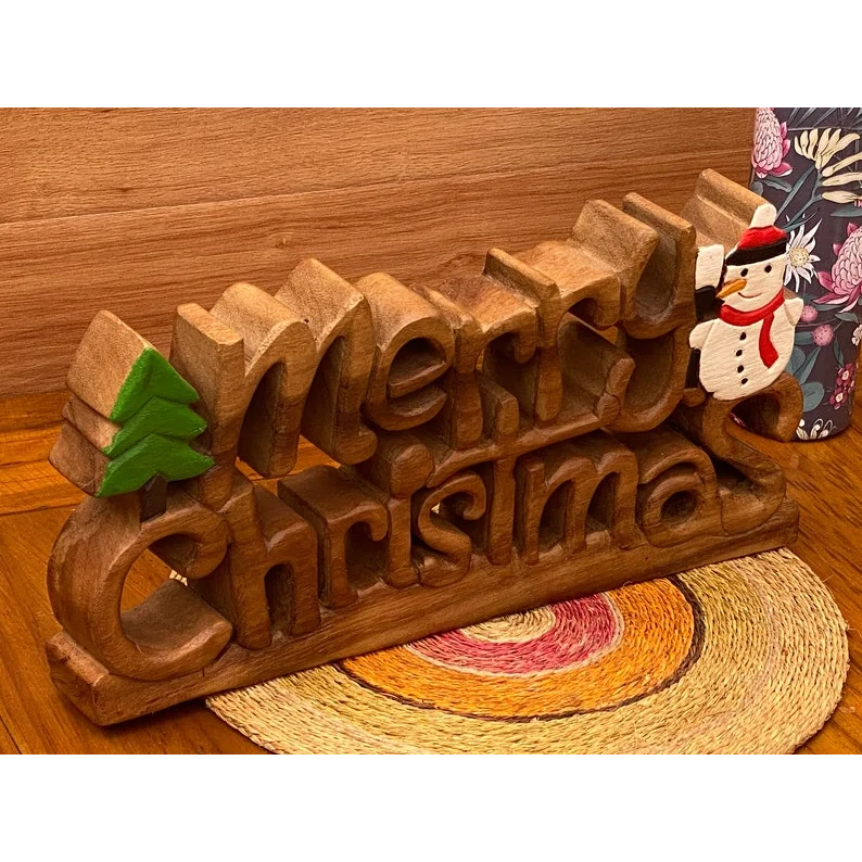 Christmas Decoration Wooden Carved Merry Christmas
