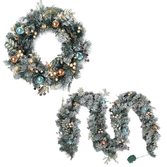 Christmas Garland with Wreath Set 2.7M LED Lights Snowy