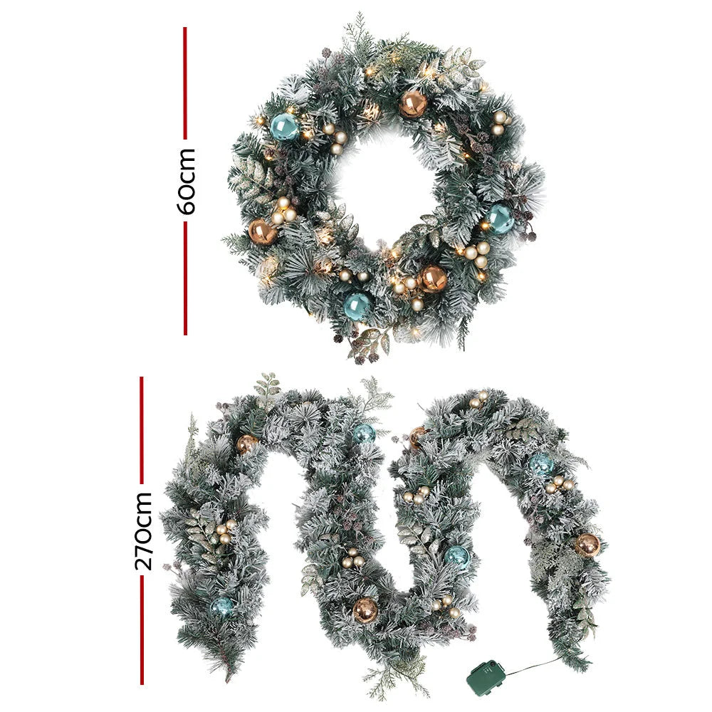 Christmas Garland with Wreath Set 2.7M LED Lights Snowy