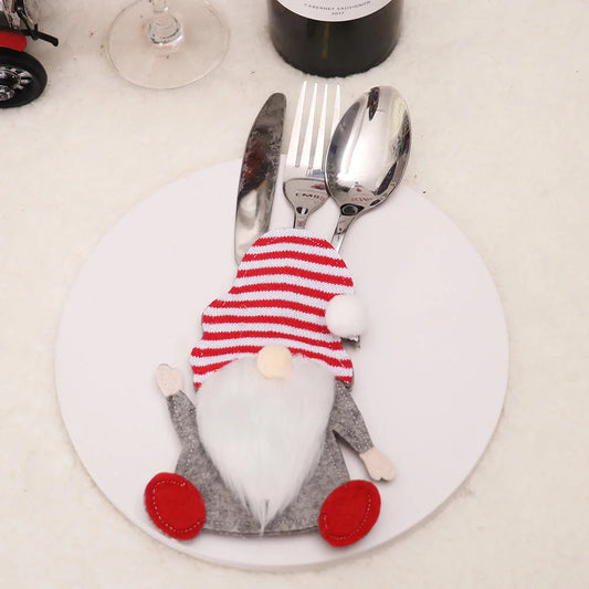Christmas Gnome Cutlery Holder – Red Striped Hat Silverware