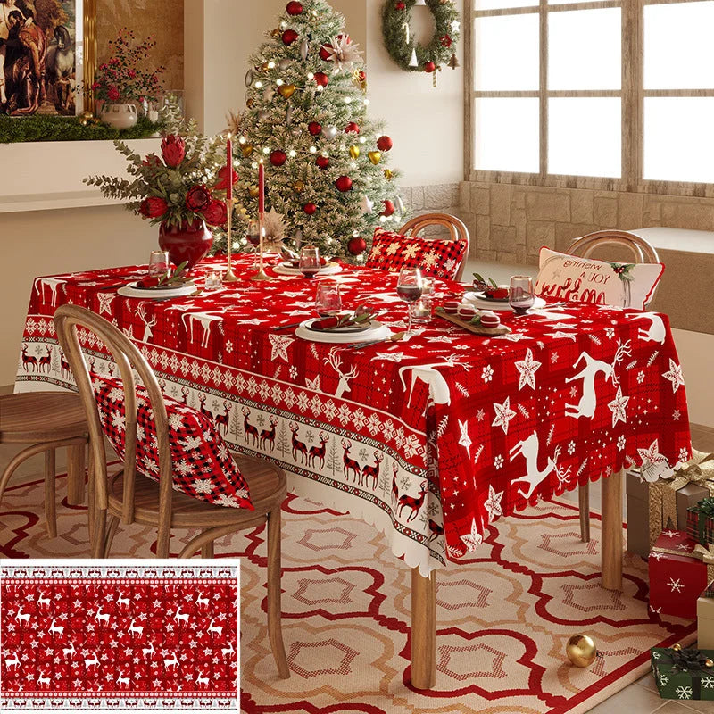 Christmas Reindeer Pattern Tablecloth - Festive Red Holiday