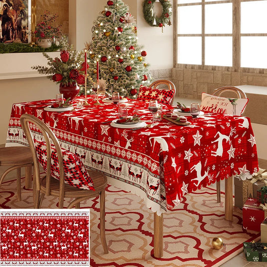 Christmas Reindeer Pattern Tablecloth - Festive Red Holiday