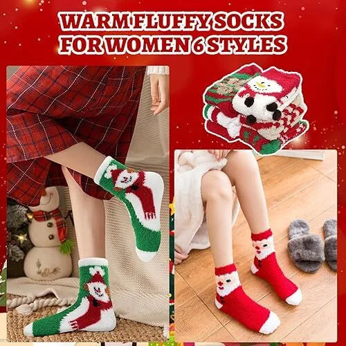 Christmas Socks - 6 Pairs Cozy Warm Fluffy Plush Bed Socks
