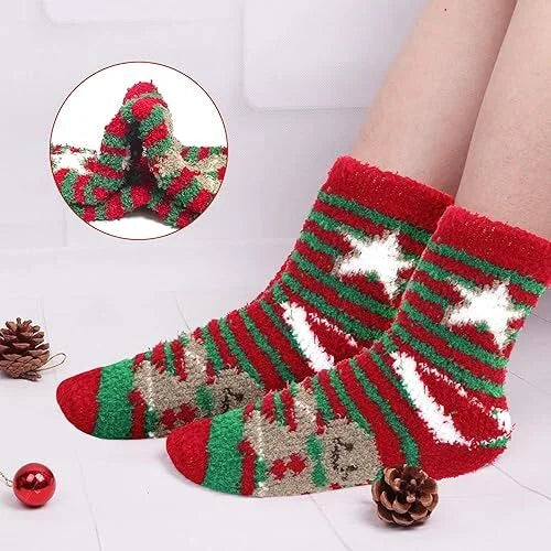 Christmas Socks - 6 Pairs Cozy Warm Fluffy Plush Bed Socks