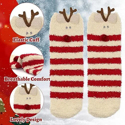Christmas Socks - 6 Pairs Cozy Warm Fluffy Plush Bed Socks