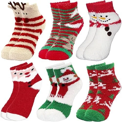 Christmas Socks - 6 Pairs Cozy Warm Fluffy Plush Bed Socks