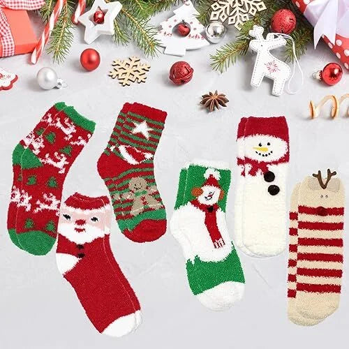Christmas Socks - 6 Pairs Cozy Warm Fluffy Plush Bed Socks