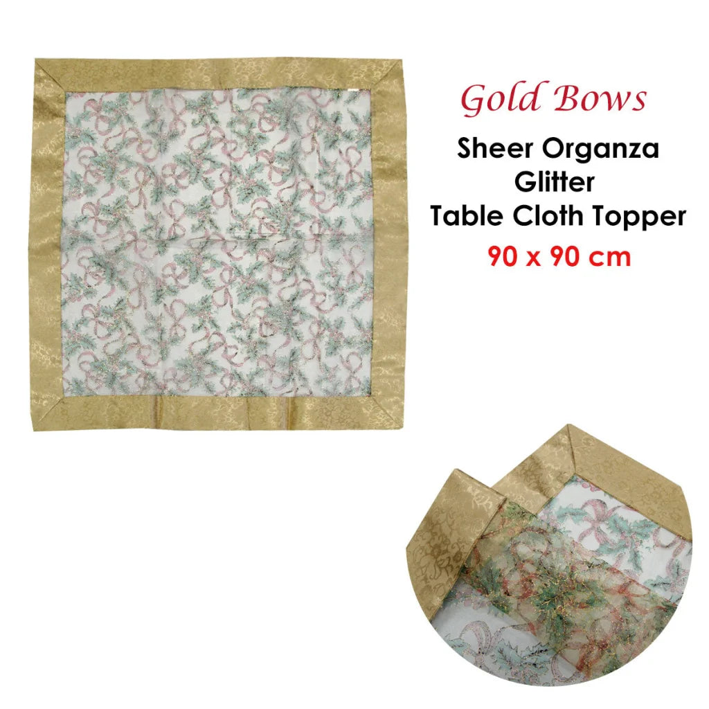 Christmas Table Cloth Topper Sheer Organza Glitter Gold