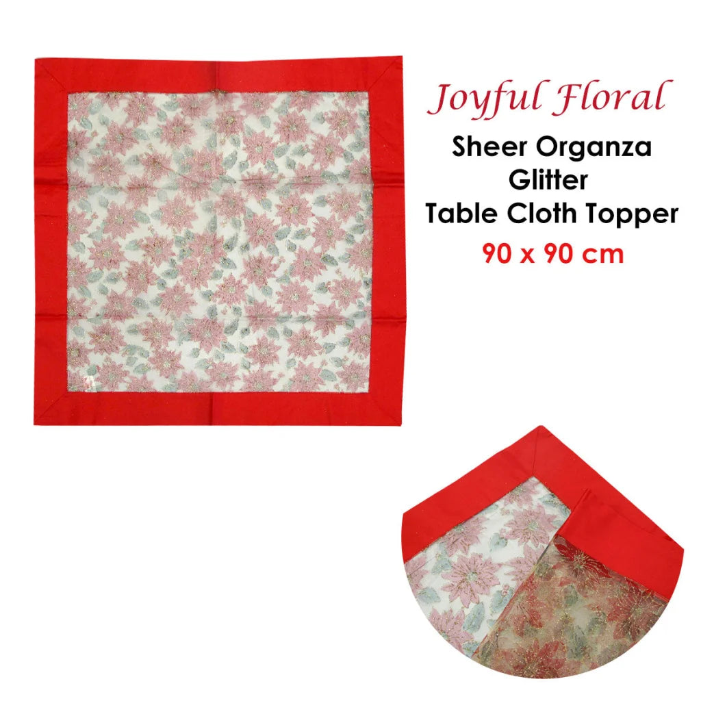 Christmas Table Cloth Topper Sheer Organza Glitter Red