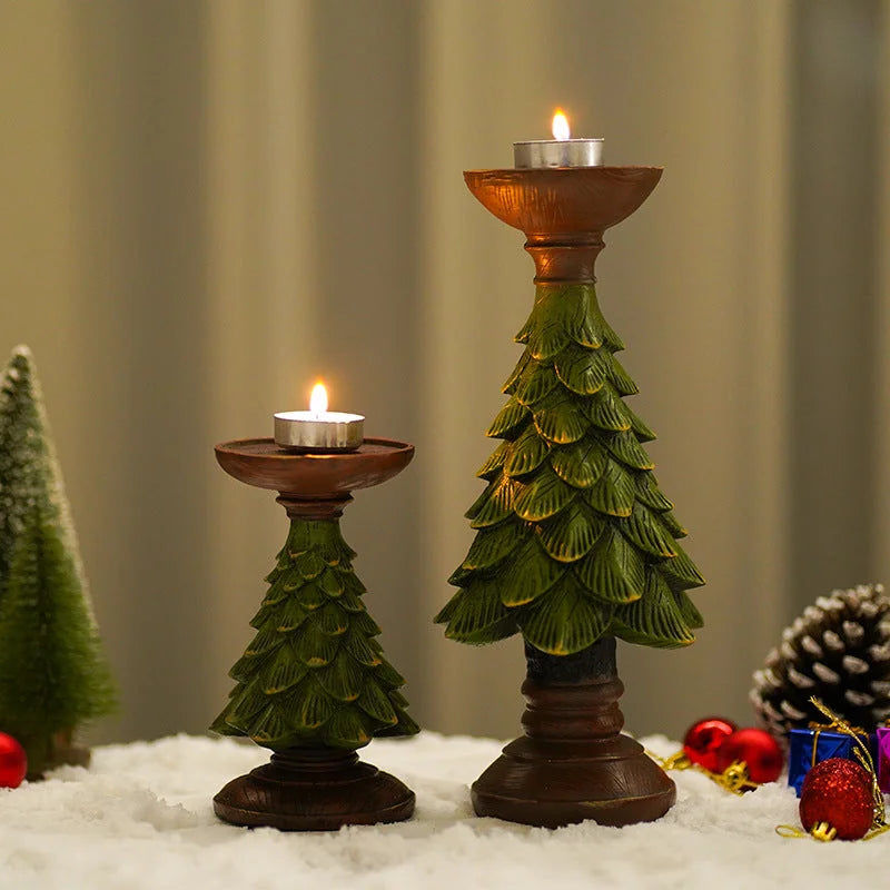 Christmas Tree Candle Holder - Rustic Resin Pillar Stand