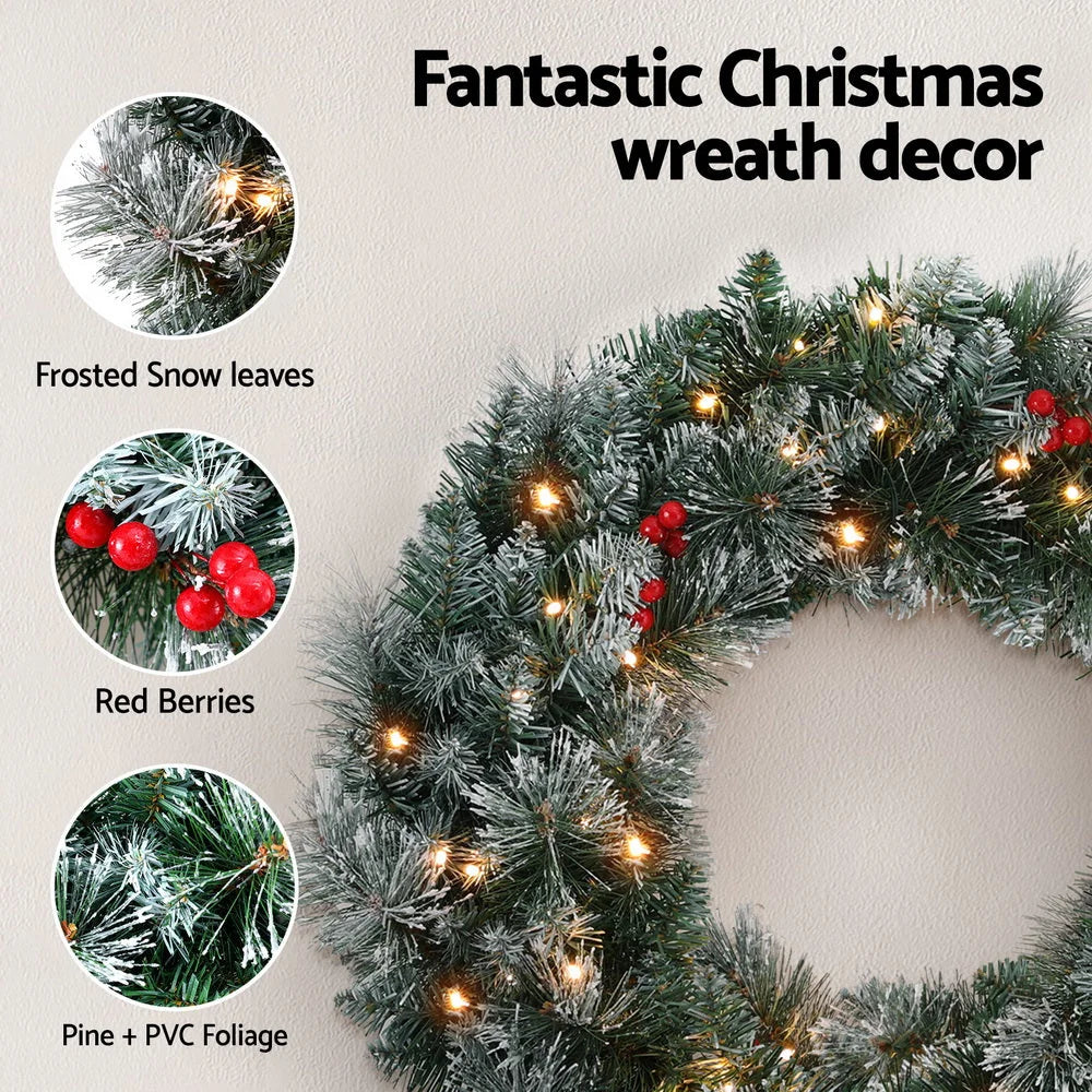 Christmas Wreath 60CM LED Lights Snowy Berries Garland