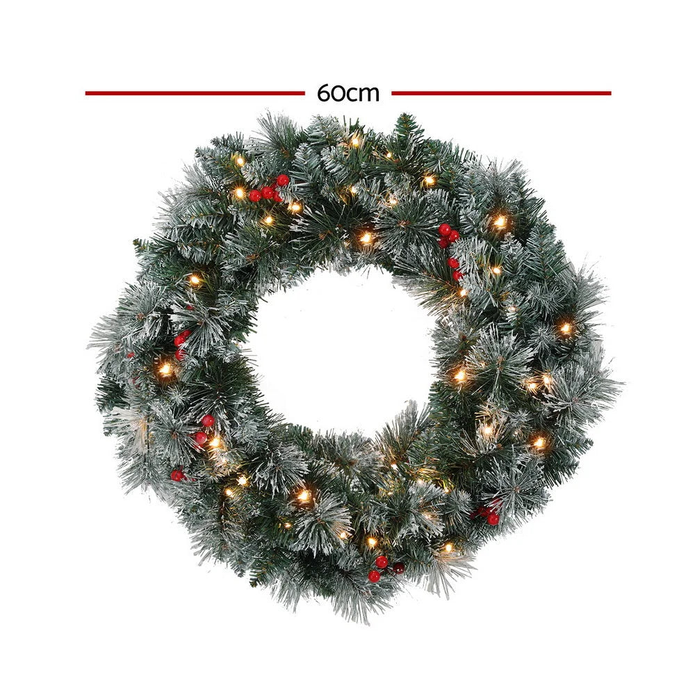 Christmas Wreath 60CM LED Lights Snowy Berries Garland