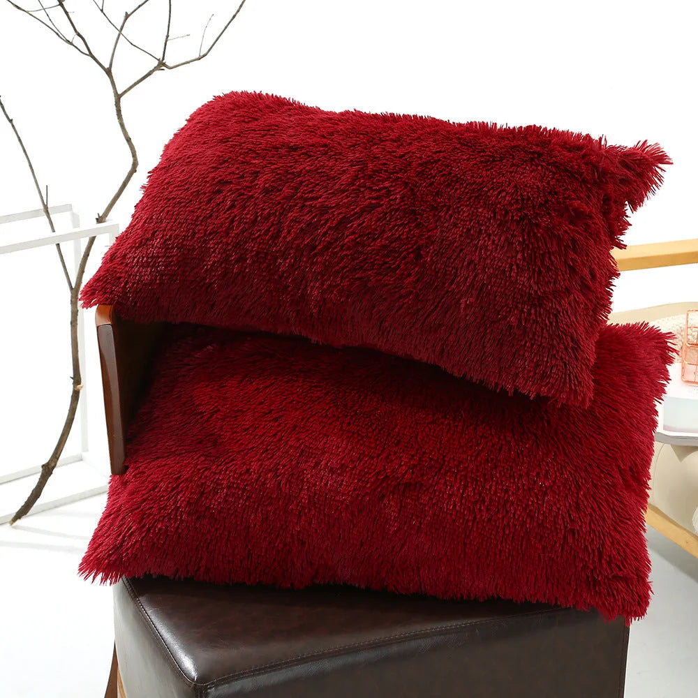 Claret Faux Fur Pillowcase Set - Crystal Velvet Plush Throw