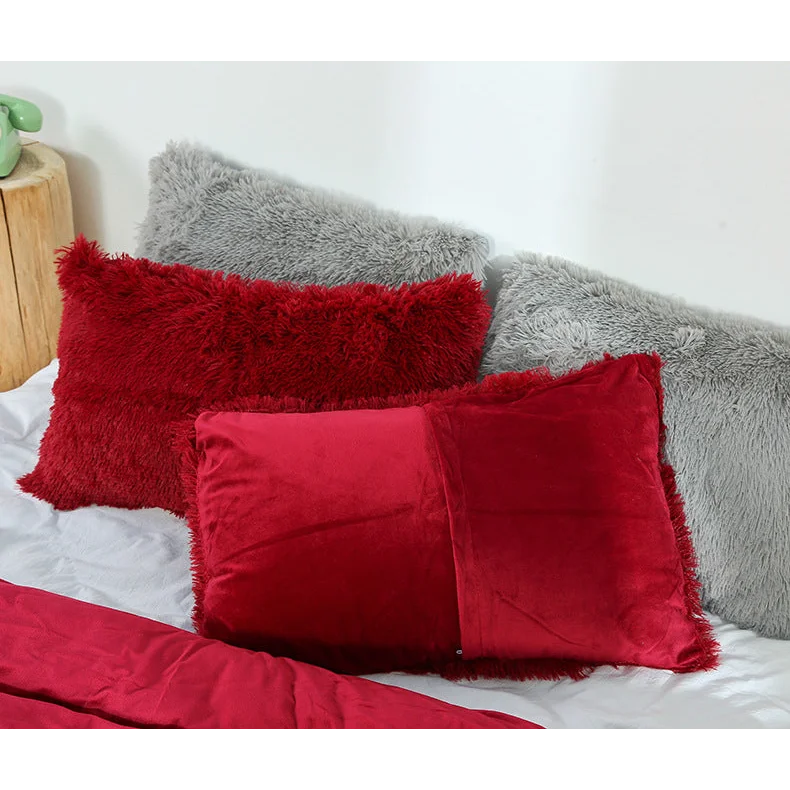 Claret Faux Fur Pillowcase Set - Crystal Velvet Plush Throw