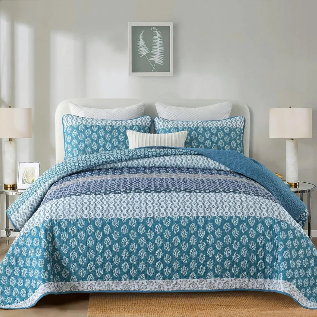 Classic Hydrangea Soft Quilted 3 Pc Bedspread & Pillow