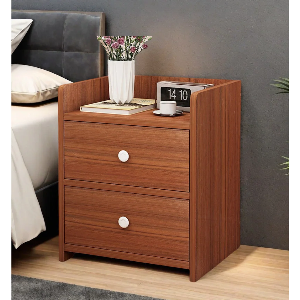 Classic Nightstand Walnut Wood Grain Double Drawer Tray Top