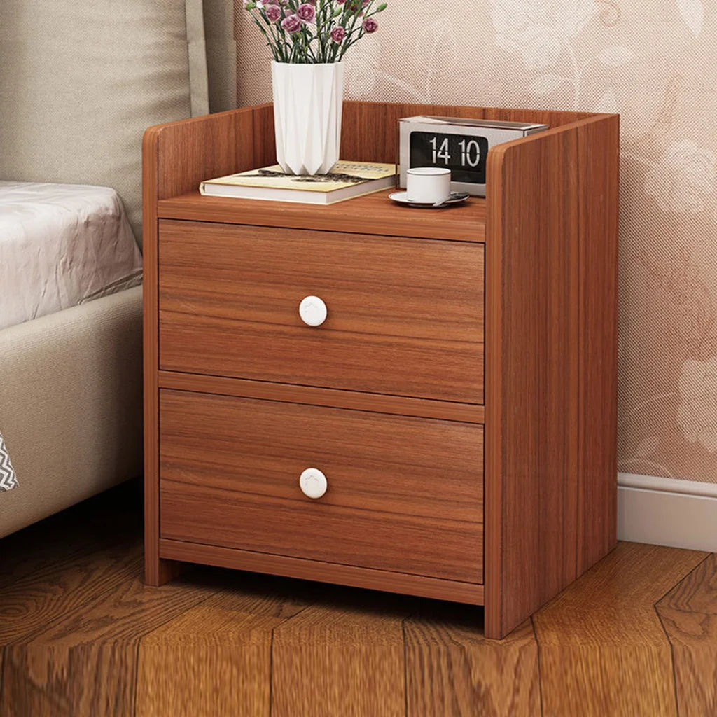 Classic Nightstand Walnut Wood Grain Double Drawer Tray Top