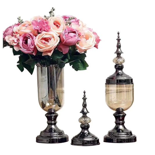 Clear Glass Flower Vase 2X with Lid and Pink Flower Filler Vase Black Set - Premium
