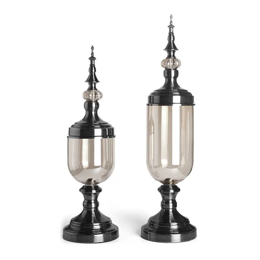 Clear Glass Flower Vase 2X with Lid and Transparent Filler Vase Black Set - Premium