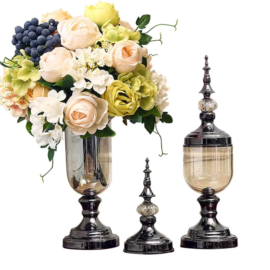 Clear Glass Flower Vase 2X with Lid and White Flower Filler Vase Black Set - Premium