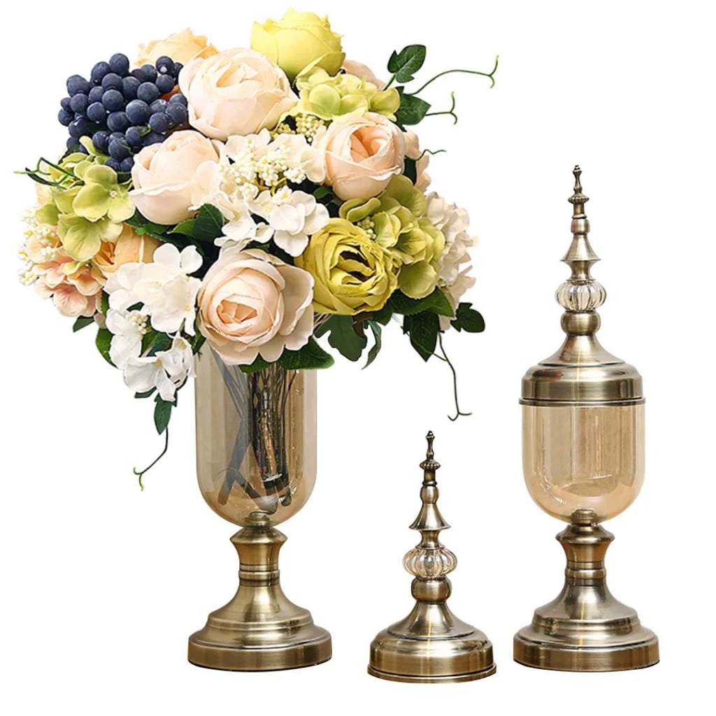 Clear Glass Flower Vase 2X with Lid and White Flower Filler Vase Bronze Set - Premium