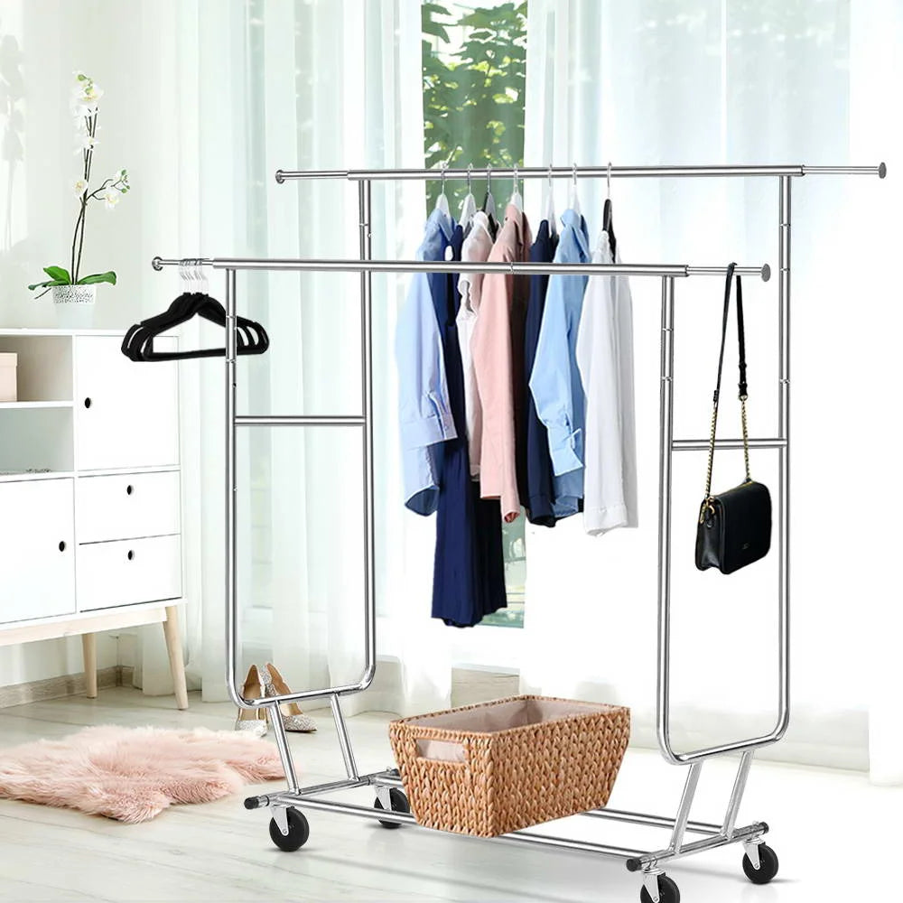 Clothes rack double with tiered shelves and metal supports