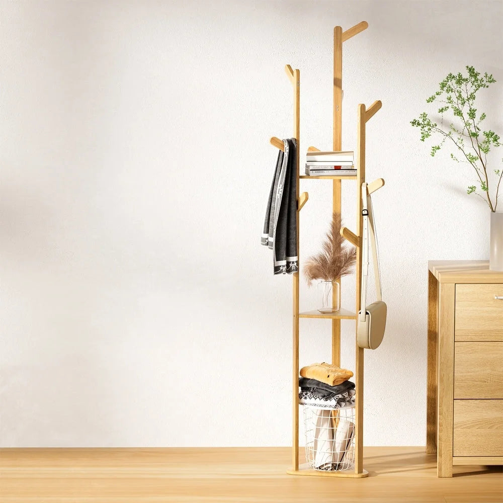 Bamboo 165cm clothes rack coat with tiered shelves and metal supports