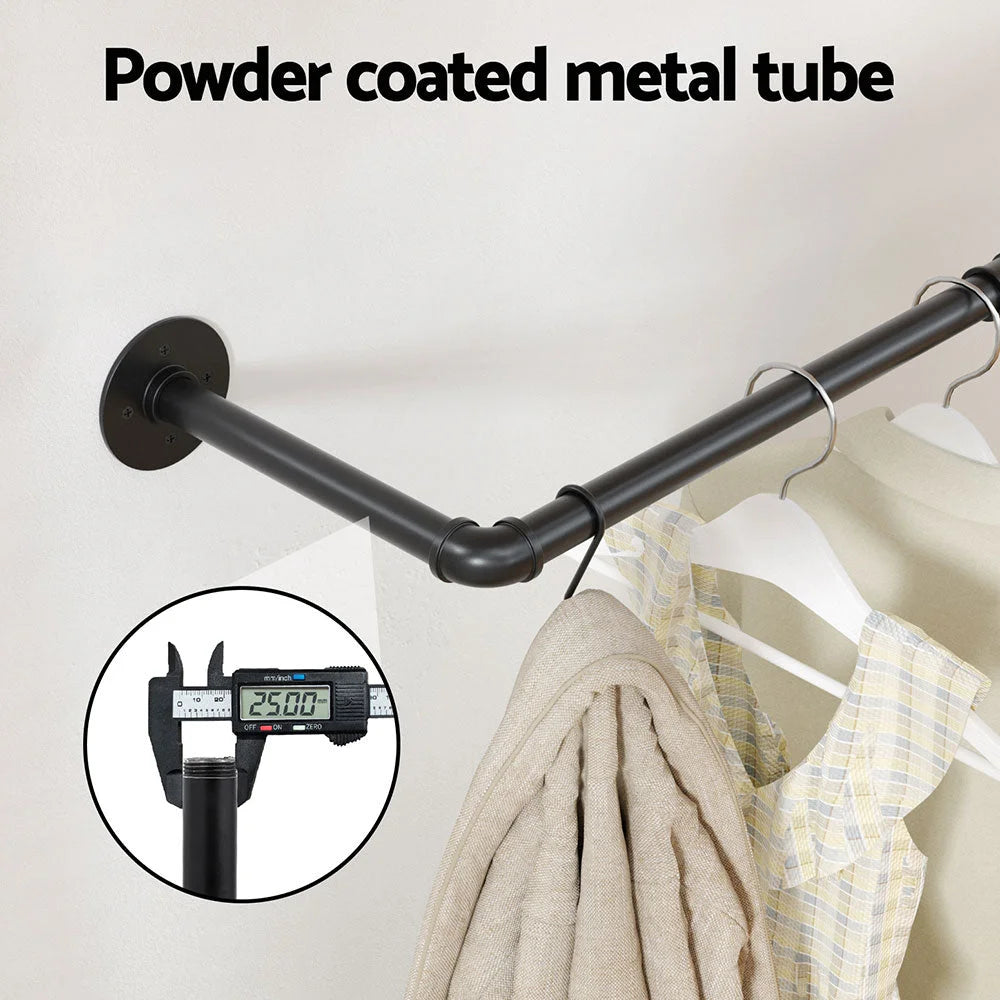 Metal clothes rack floating with tiered shelves and metal supports