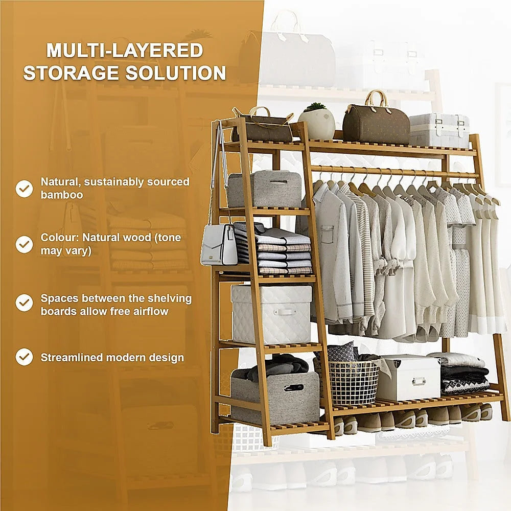Clothes Rack Portable Coat Garment Stand Bamboo Rail Hanger
