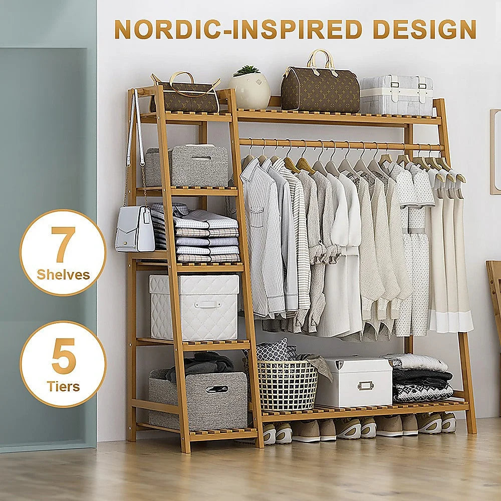 Clothes Rack Portable Coat Garment Stand Bamboo Rail Hanger