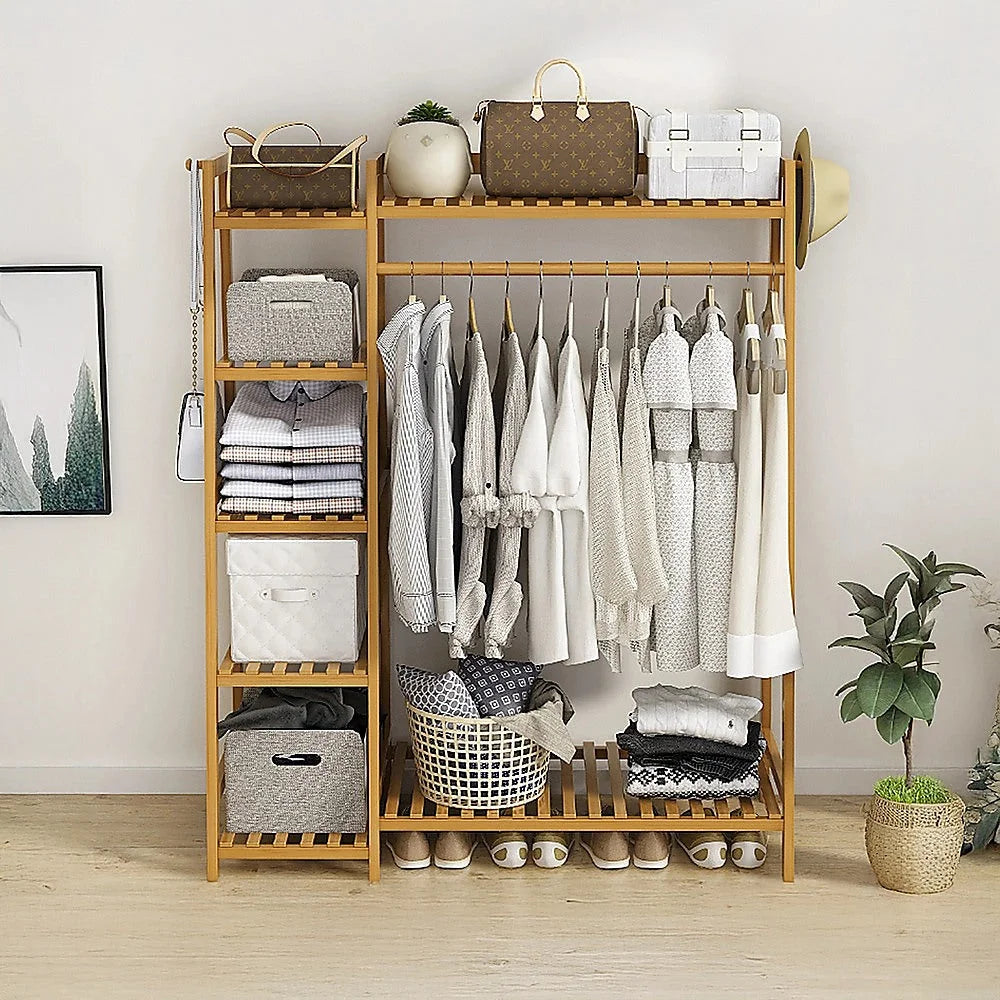 Clothes Rack Portable Coat Garment Stand Bamboo Rail Hanger