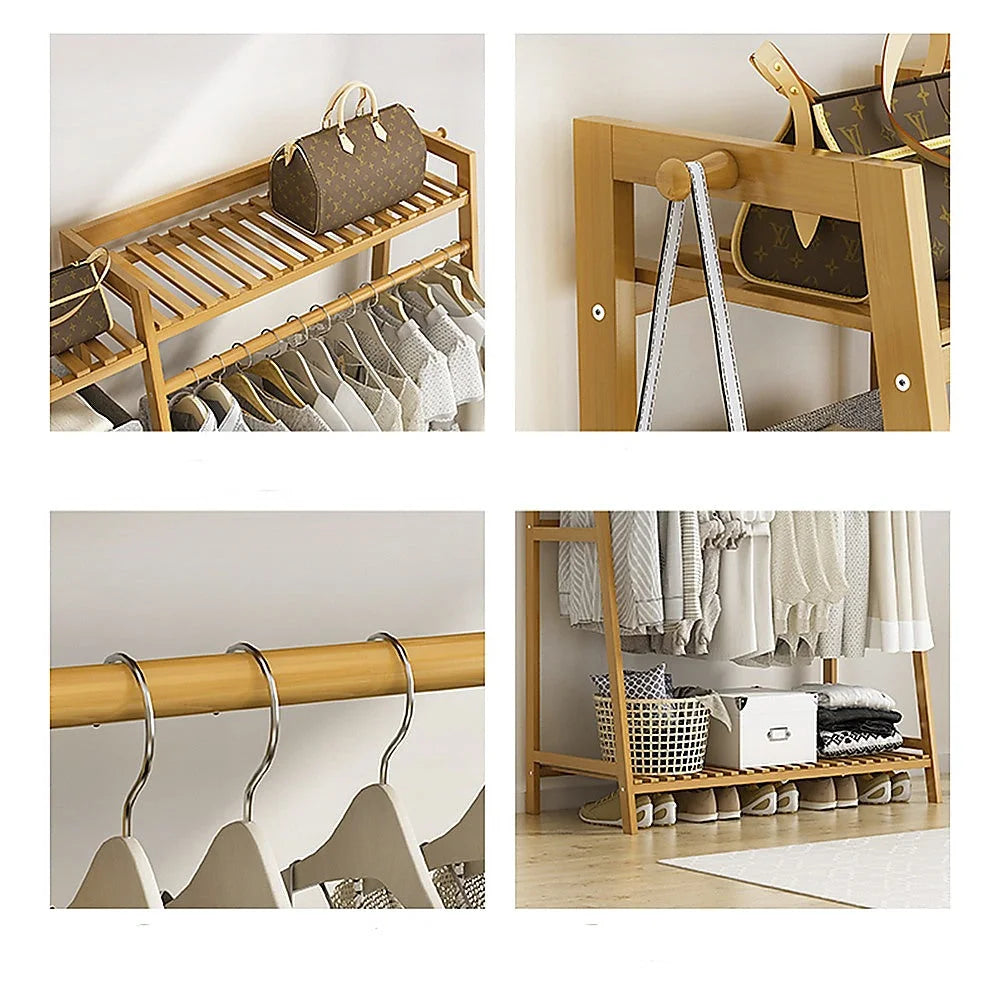 Clothes Rack Portable Coat Garment Stand Bamboo Rail Hanger