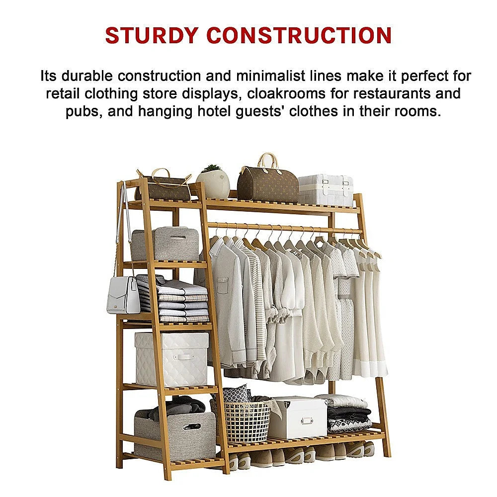 Clothes Rack Portable Coat Garment Stand Bamboo Rail Hanger