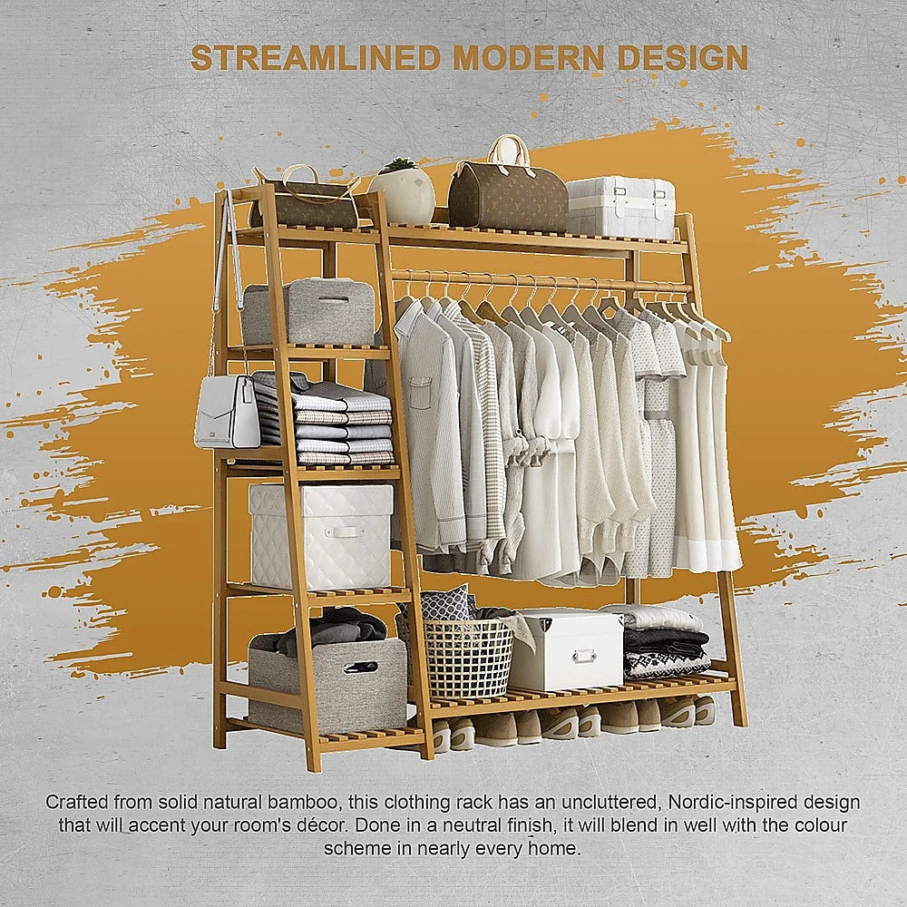 Clothes Rack Portable Coat Garment Stand Bamboo Rail Hanger