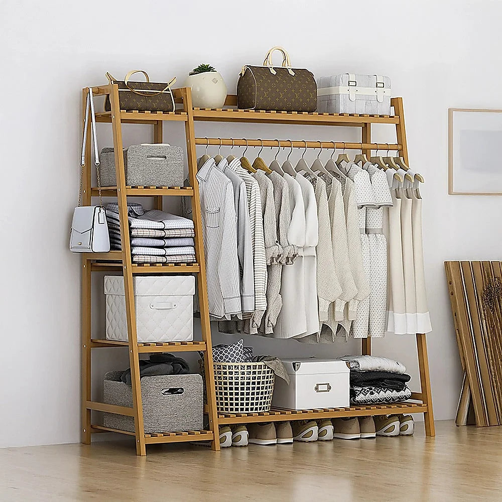 Clothes Rack Portable Coat Garment Stand Bamboo Rail Hanger